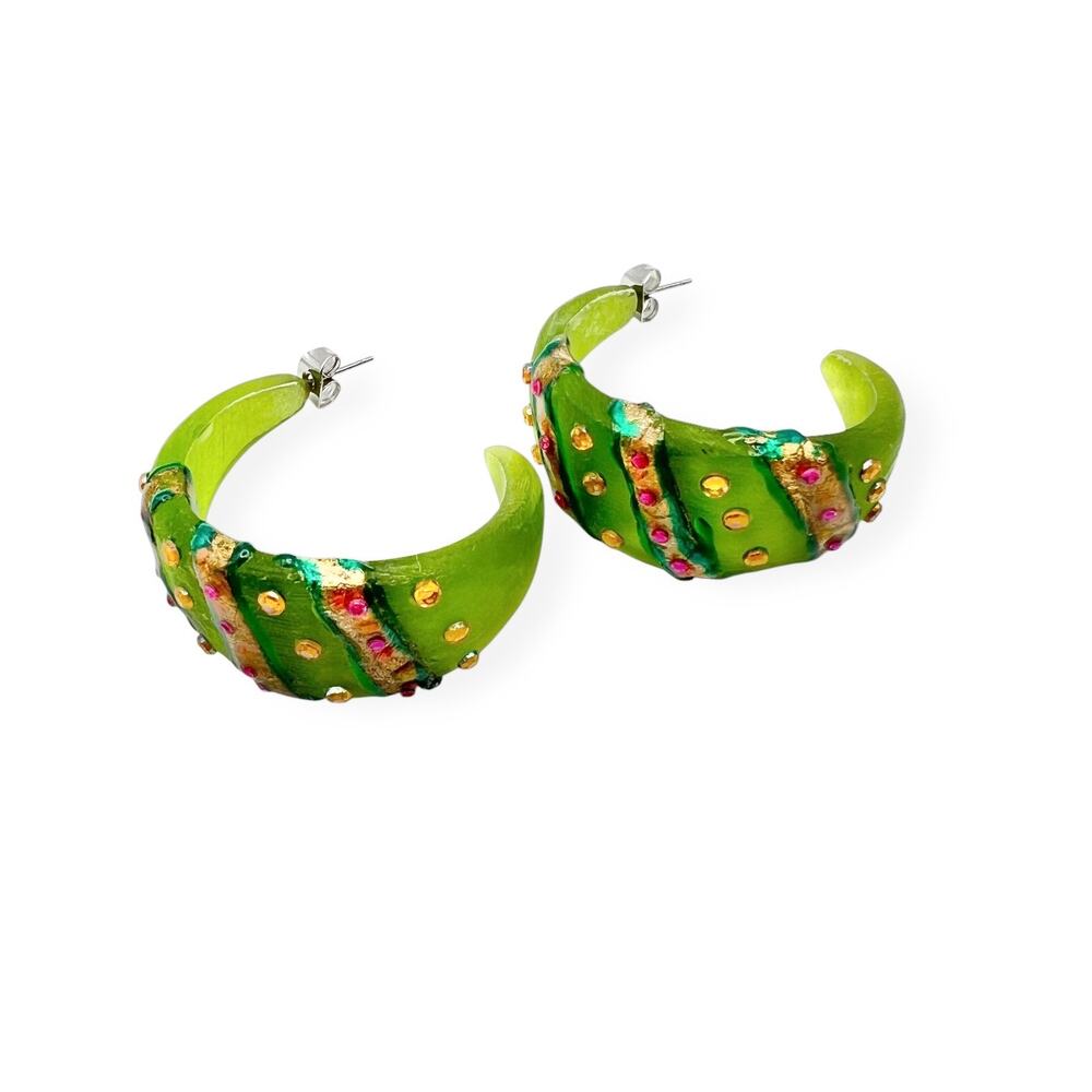 Y2K Lucite Hoop Earrings Chunky Lime Green Rhinestone Studded Runway Festival